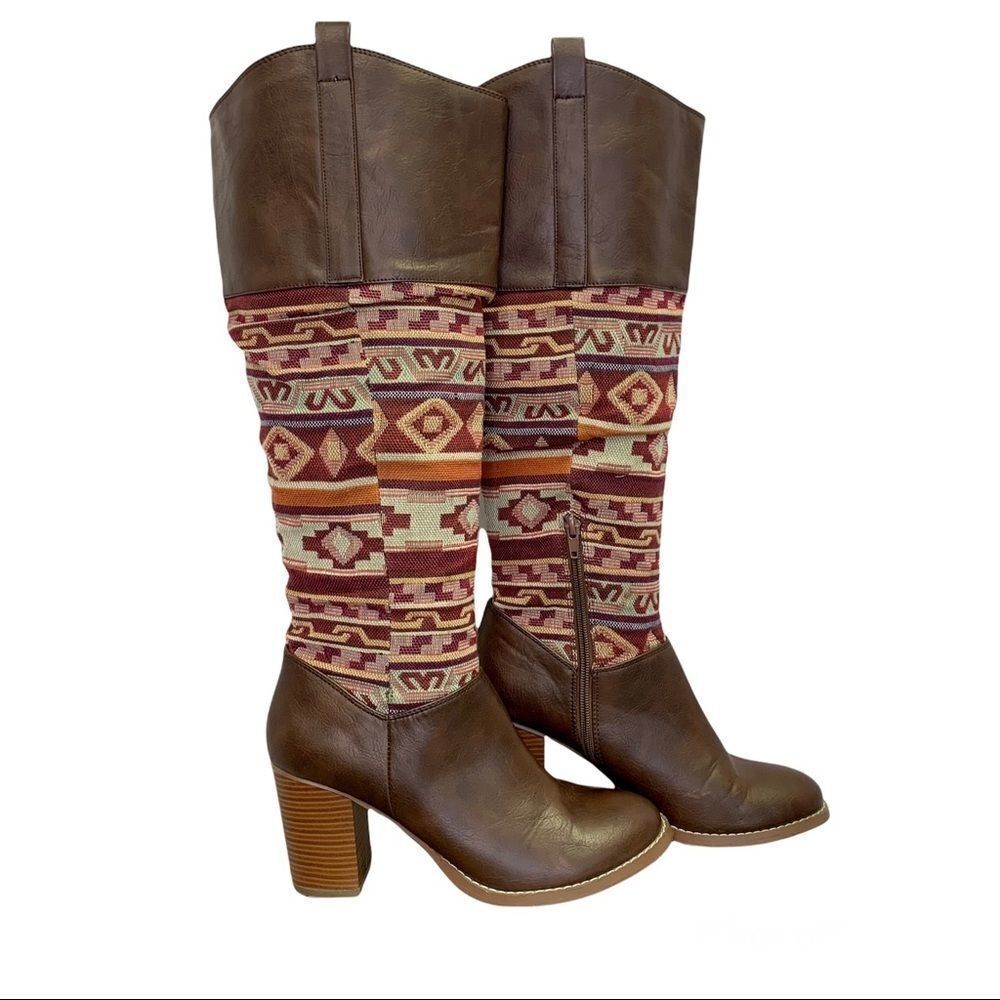 Brown Patterned Knee-High Boots